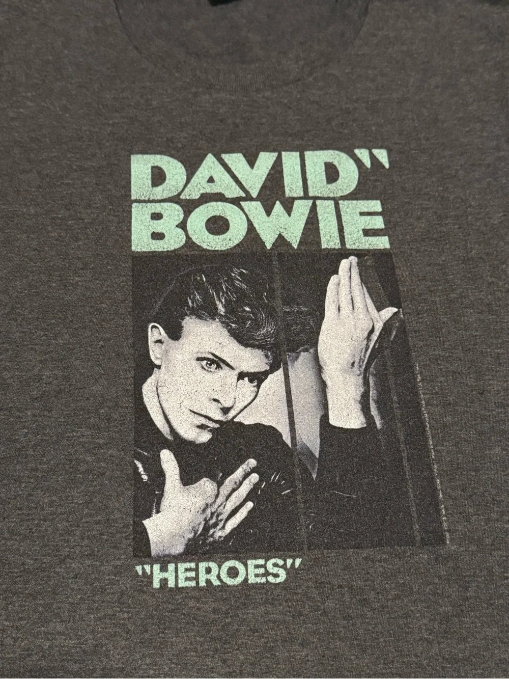David Bowie 'Heroes' Short Sleeve Graphic Tee - Charcoal with Mint Print